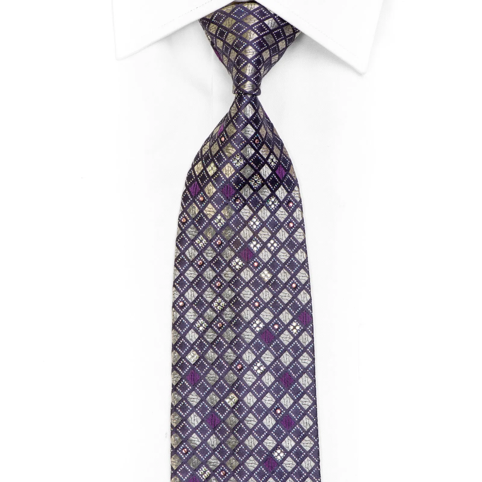 Silver Geometric On Purple Rhinestone Silk Tie With Sparkles