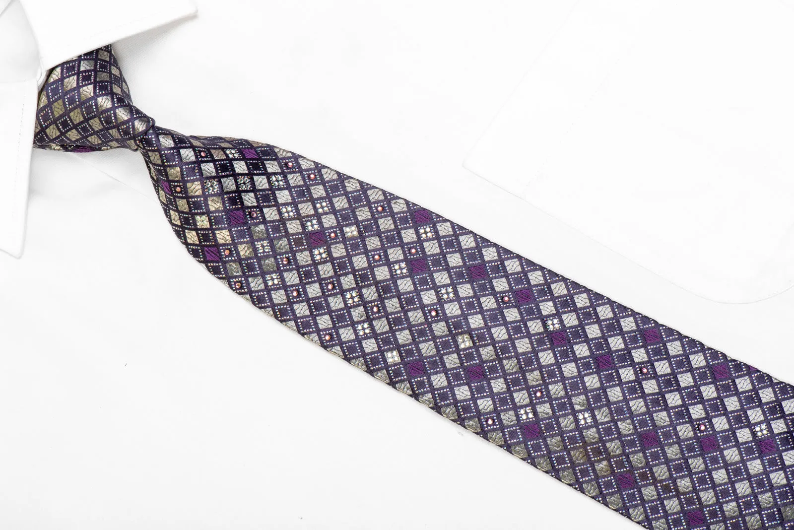 Silver Geometric On Purple Rhinestone Silk Tie With Sparkles