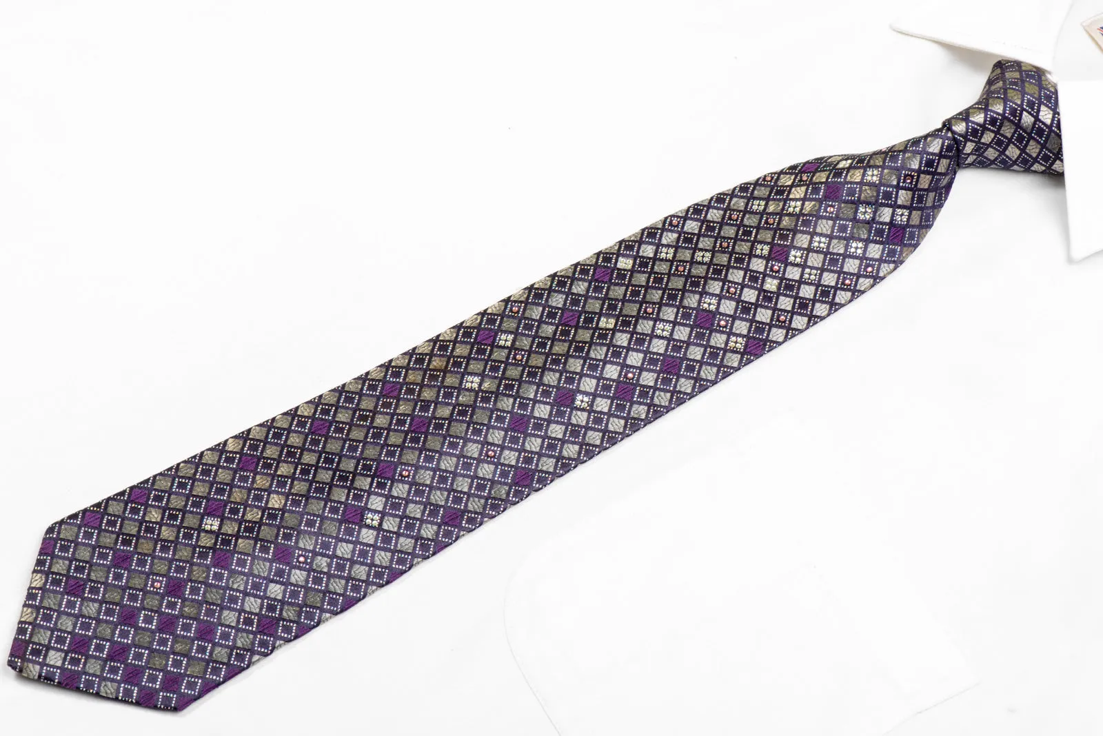 Silver Geometric On Purple Rhinestone Silk Tie With Sparkles