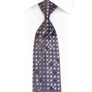 Silver Geometric On Purple Rhinestone Silk Tie With Sparkles