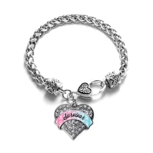 Silver Light Blue & Light Pink Ribbon Survivor Pave Heart Charm Braided Bracelet