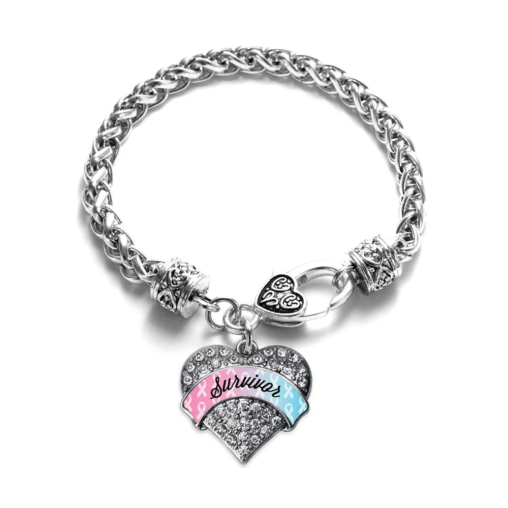 Silver Light Blue & Light Pink Ribbon Survivor Pave Heart Charm Braided Bracelet