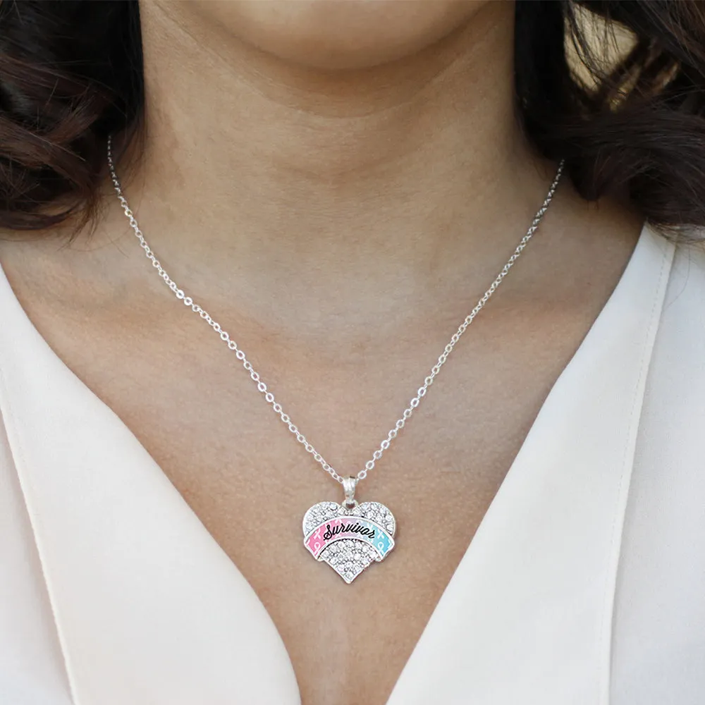 Silver Light Blue & Light Pink Ribbon Survivor Pave Heart Charm Classic Necklace