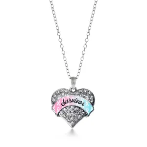 Silver Light Blue & Light Pink Ribbon Survivor Pave Heart Charm Classic Necklace