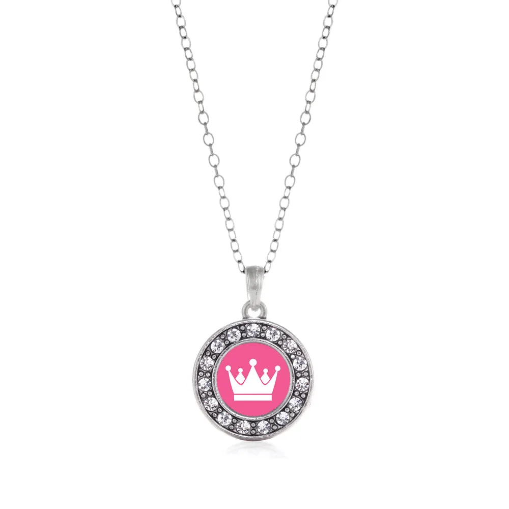 Silver Pink Princess Circle Charm Classic Necklace