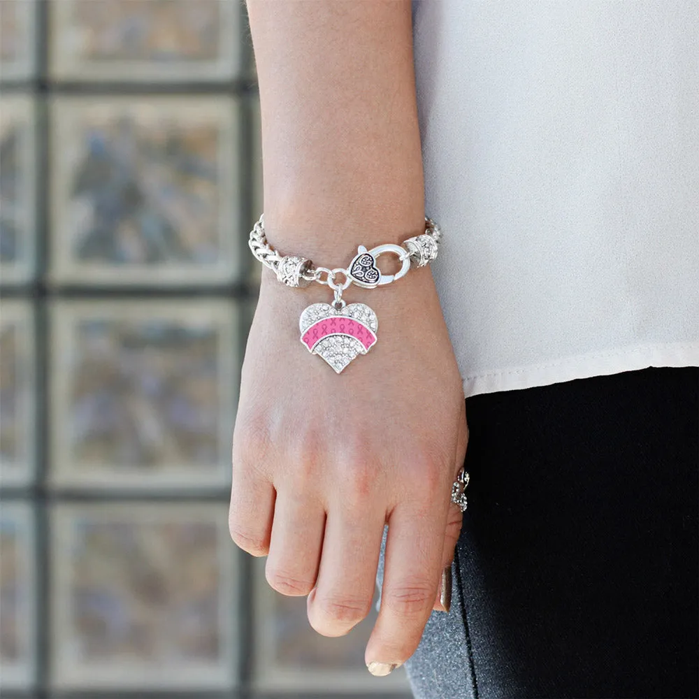 Silver Pink Ribbon Survivor Pave Heart Charm Braided Bracelet