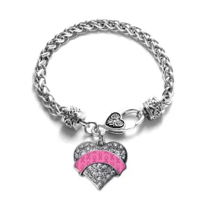 Silver Pink Ribbon Survivor Pave Heart Charm Braided Bracelet