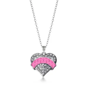 Silver Pink Ribbon Survivor Pave Heart Charm Classic Necklace