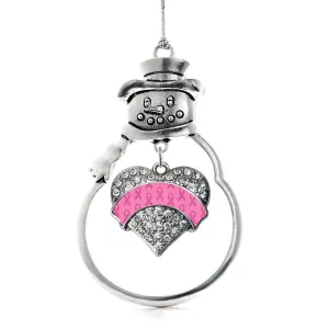 Silver Pink Ribbon Survivor Pave Heart Charm Snowman Ornament