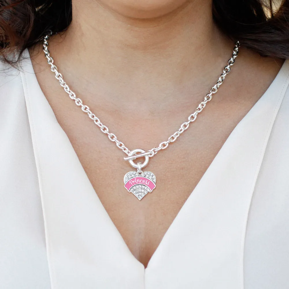 Silver Princess - Pink Pave Heart Charm Toggle Necklace