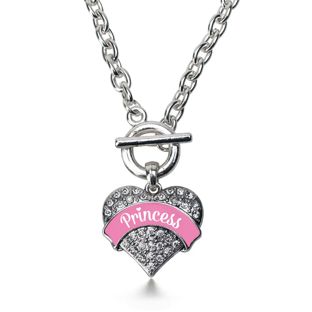 Silver Princess - Pink Pave Heart Charm Toggle Necklace