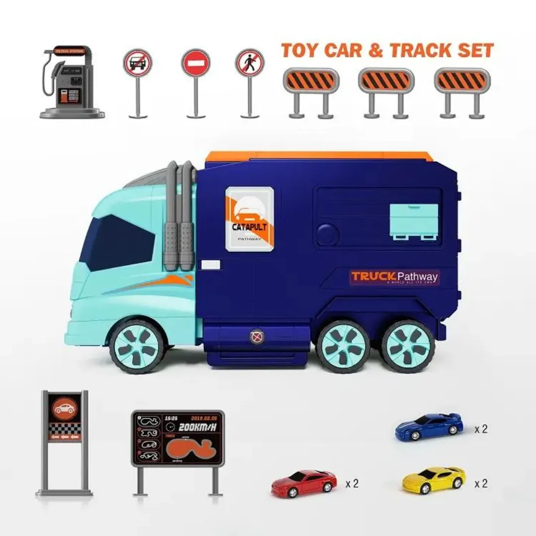 Super Transformer Construction Truck | 2in1 - Truck & Track Set, 6 Cars and Sign Boards included
