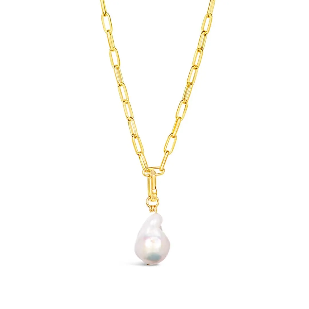 White Baroque Pearl Paperclip Necklace | Gold